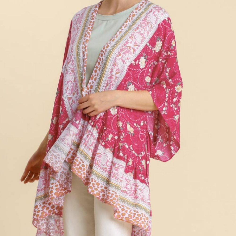 244.Women's Mixed Floral & Animal Border Print Bell Sleeve Open Front Kimono NWT - Picture 2 of 4